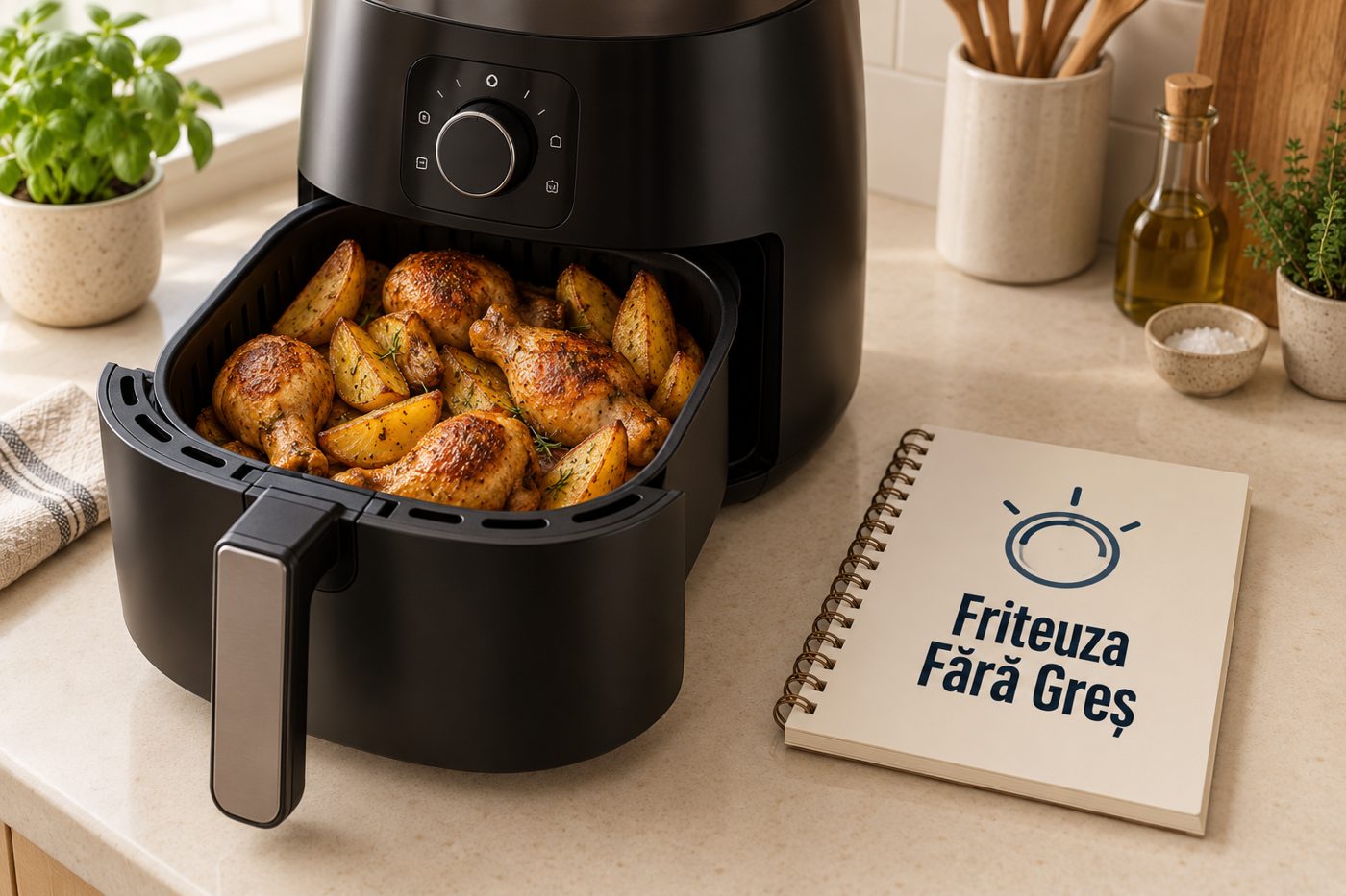 Friteuza cu aer cald cu pulpe de pui aurii și cartofi crocanți, lângă cartea Friteuza Fără Greș